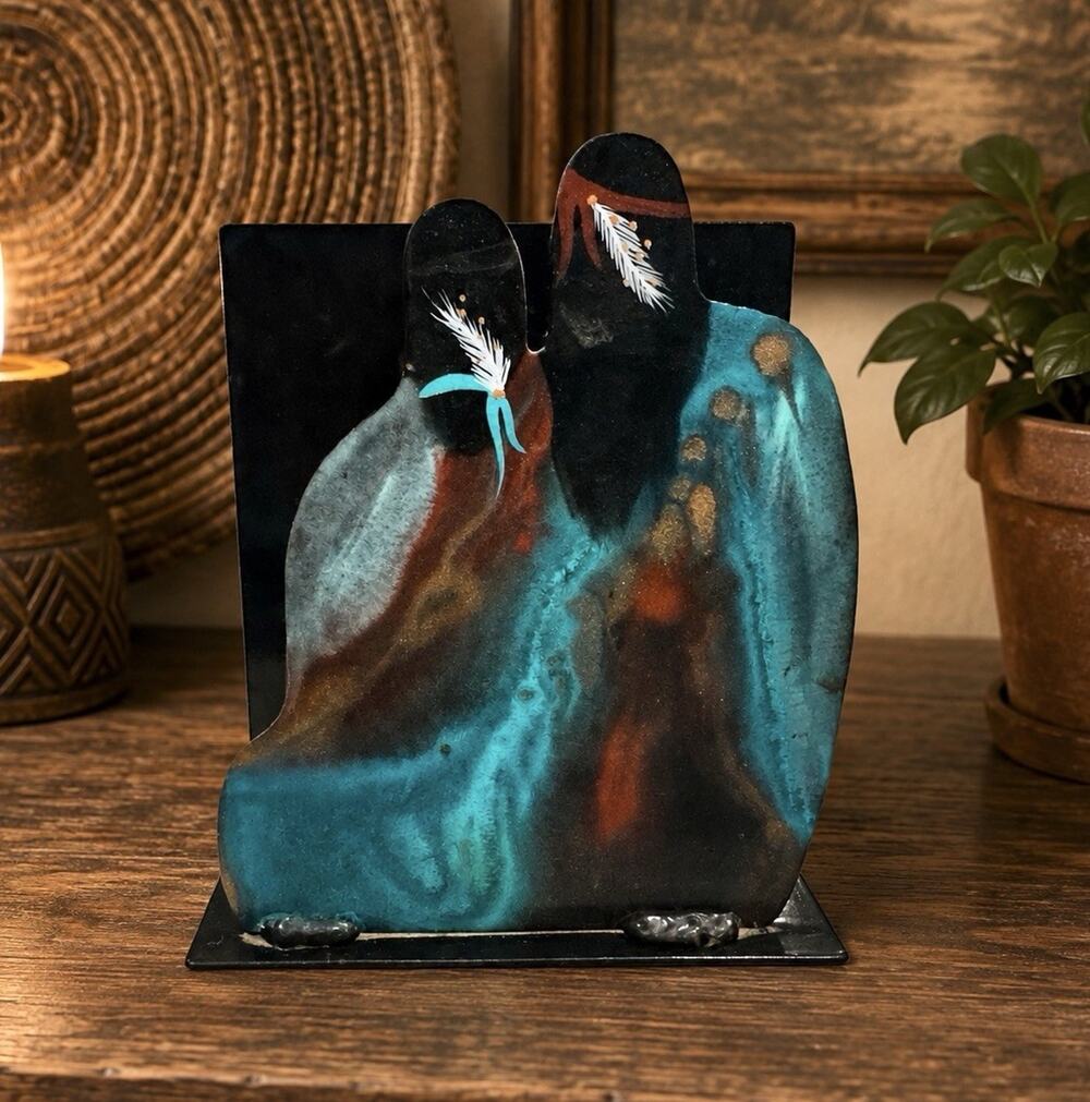 Vintage Hand Painted Metal Native American Couple Letter Napkin Holder Folk Art